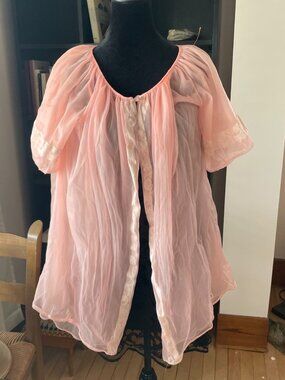 Vintage ? 60s 70s Sheer Pink Bed Jacket Lace Peignoir Lingerie Top Women M Fairy
